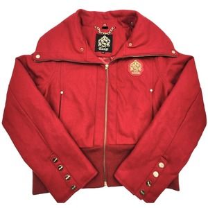 Vintage COOGI Jacket Red Wool Blend Gold Accents Cropped Coat Womens Size XL